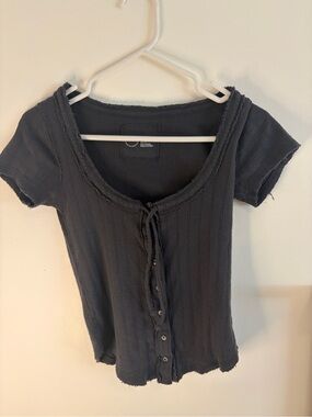 aerie Black Ribbed Scoop Button-Front Short Sleeve Top